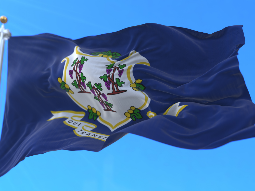 The flag of Connecticut, featuring a blue background and a white shield with three grapevines and a ribbon with Latin text that reads "Qui Transtulit Sustinet".